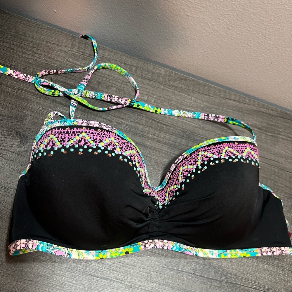 Victoria's Secret Black and Colorful Patterned Bikini Top - Picture 1 of 7